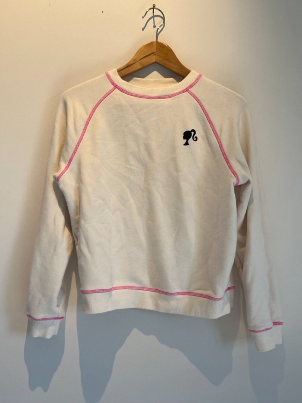 Bandier x Barbie Crewneck Sweatshirt White Pink Stitch XS Fleece NWT
